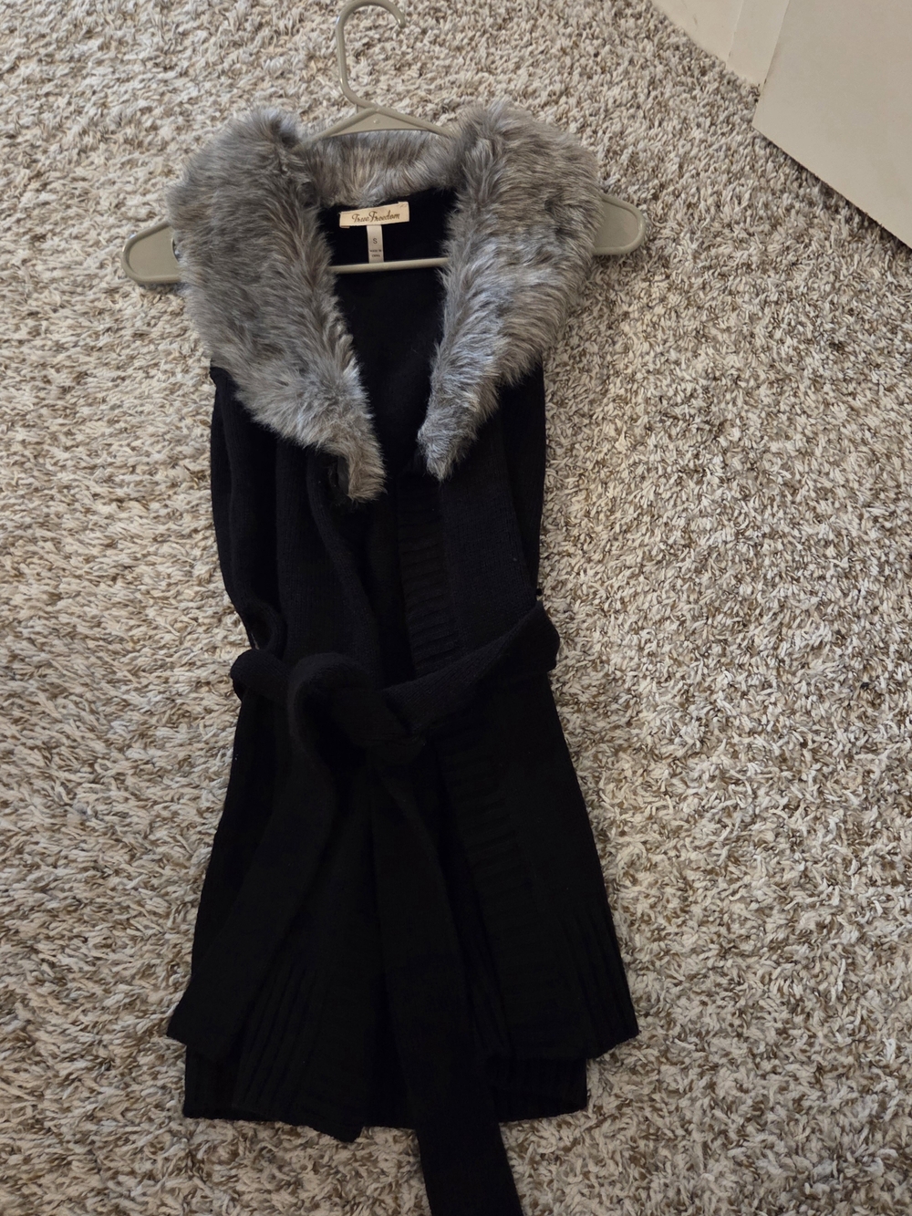 True Freedom Black Knit Belted Vest with Gray Faux Fur Collar